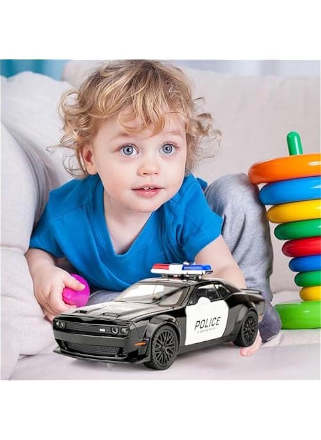 Dodge Challenger Hellcat Police Car Model Car, Zinc Alloy Pull Back Toy Car with Sound and Light for Kids Boy Girl Gift