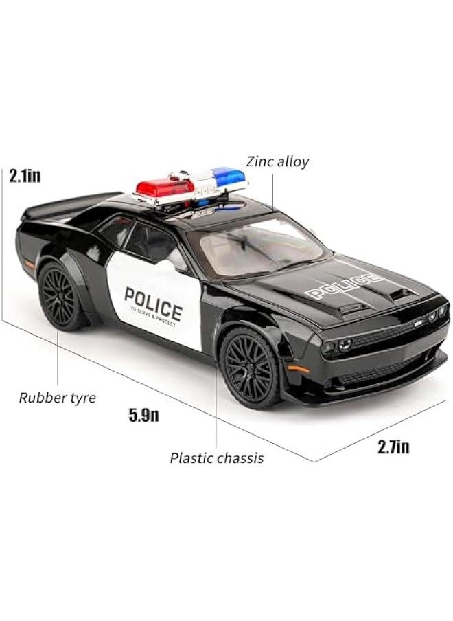 Dodge Challenger Hellcat Police Car Model Car, Zinc Alloy Pull Back Toy Car with Sound and Light for Kids Boy Girl Gift