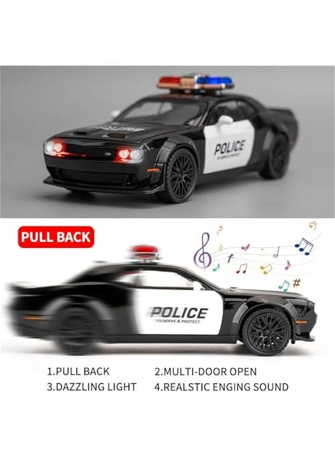 Dodge Challenger Hellcat Police Car Model Car, Zinc Alloy Pull Back Toy Car with Sound and Light for Kids Boy Girl Gift