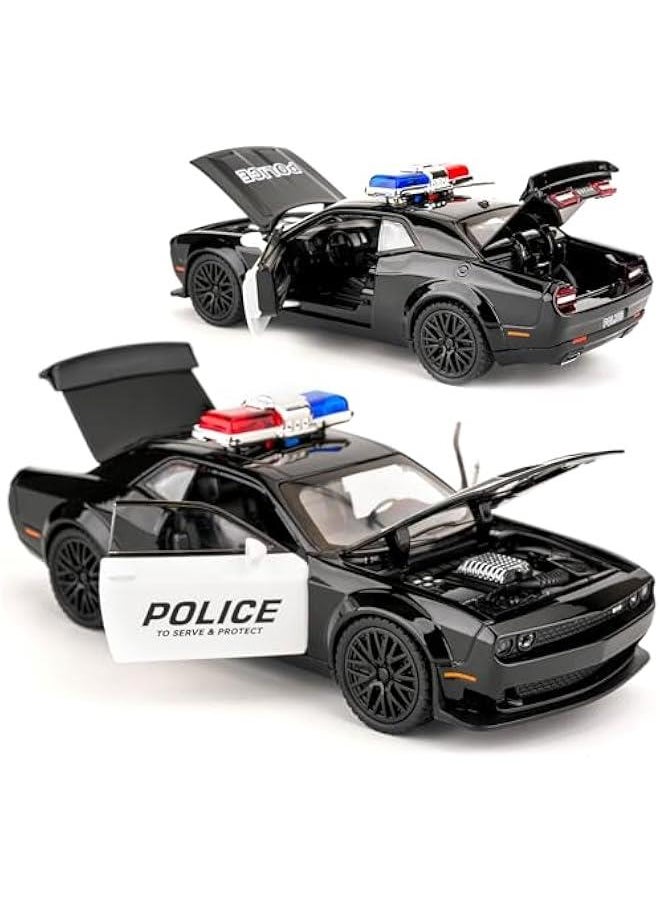 Dodge Challenger Hellcat Police Car Model Car, Zinc Alloy Pull Back Toy Car with Sound and Light for Kids Boy Girl Gift