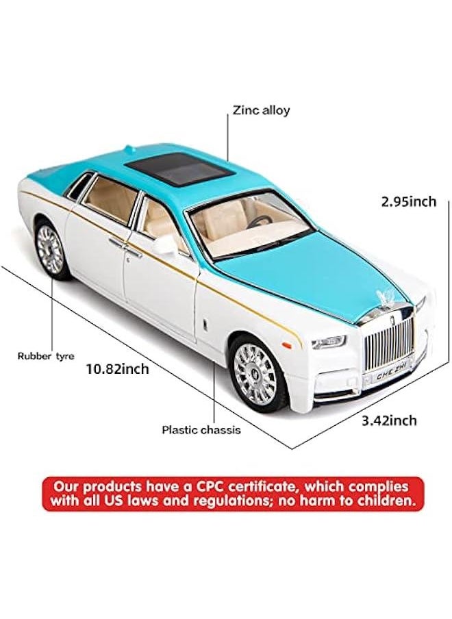 1/24 Rolls-Royce Phantom Model Car,Zinc Alloy Pull Back Toy Diecast Toy Cars with Sound and Light for Kids Boy Girl Gift(Blue-White)