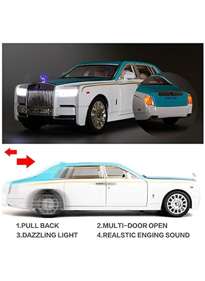 1/24 Rolls-Royce Phantom Model Car,Zinc Alloy Pull Back Toy Diecast Toy Cars with Sound and Light for Kids Boy Girl Gift(Blue-White)