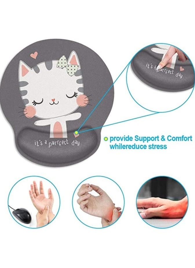 Ergonomic Mouse Pad with Wrist Support, Non-Slip Rubber Base Mousepad, for Home Office Gaming Working Computers Laptop, Easy Typing, Pain Relief, Memory Foam Rebound (Cute Cat)