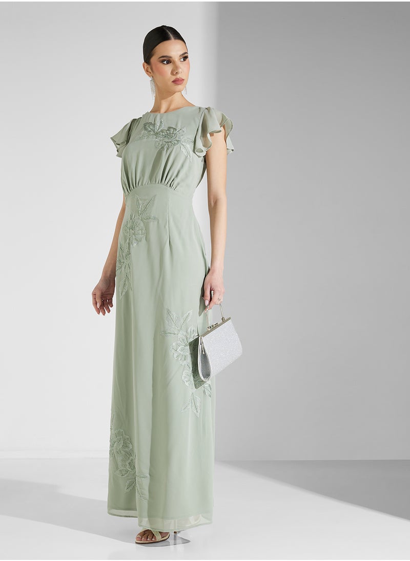 Cowl Back Embroidered And Beaded Maxi Dress