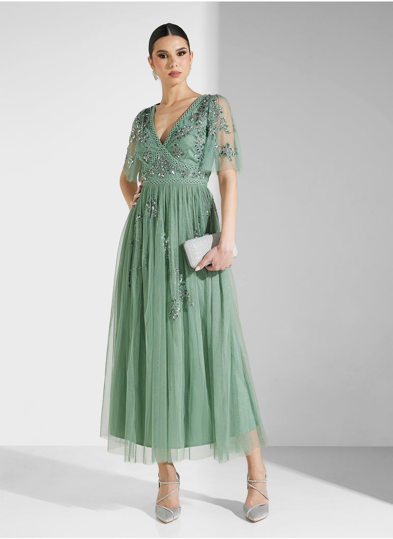 Embellished Tulle Midaxi Dress With Trims