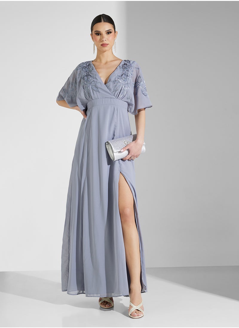 Wide Sleeve Wrap Embroidered Maxi Dress