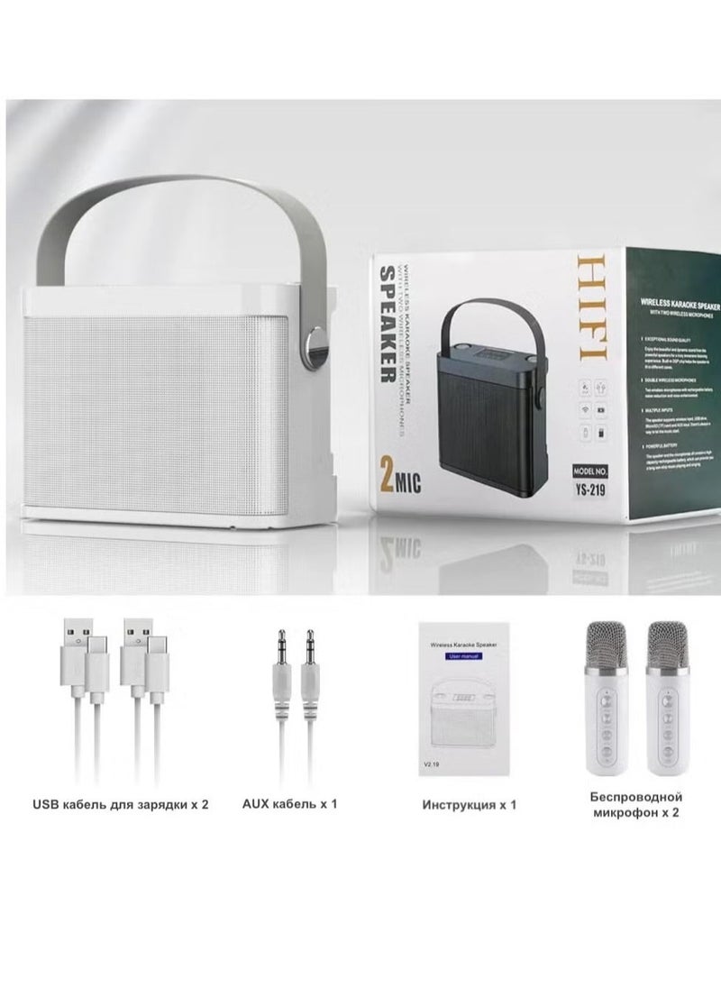 YS-219 Karaoke Machine with 2 Wireless Microphones, Portable Bluetooth Speaker with LED Lights, Built-in FM Radio, Rechargeable Battery, Perfect for Parties, Home Entertainment, Singing & Music Lovers