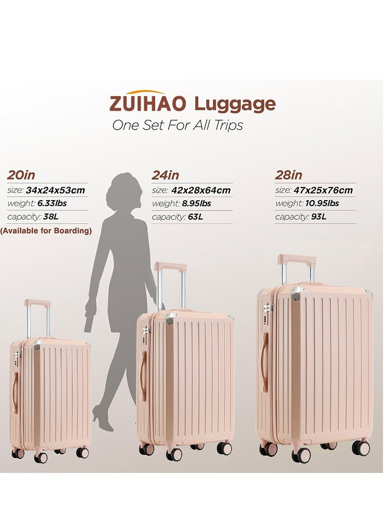 ZUIHAO Luggage Sets 3 Piece with Spinner Wheels Lightweight Durable Carry On Cabin Travel Suitcase with TSA Lock Hard Shell ABS+PC 20/24/28in Pink