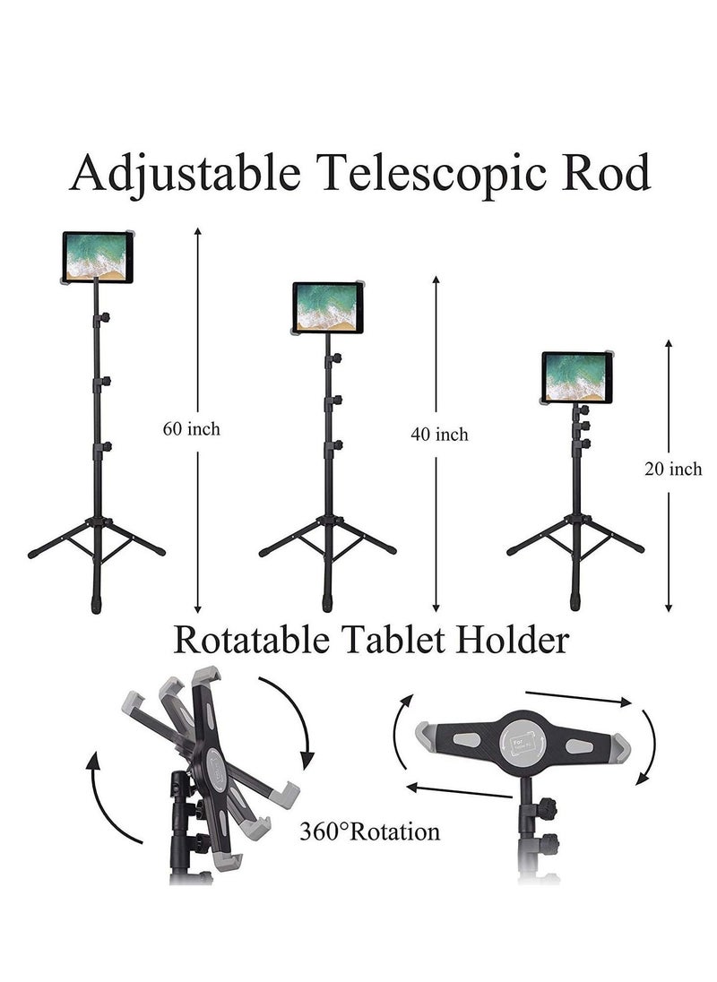 IPad and Mobile Phone Tripod Stand,Height Adjustable 20 to 60 Inch with 360 Degree Rotating Tablet Holder for iPad Air,iPad Pro and More 9.5 to 14.5 Inch Tablets