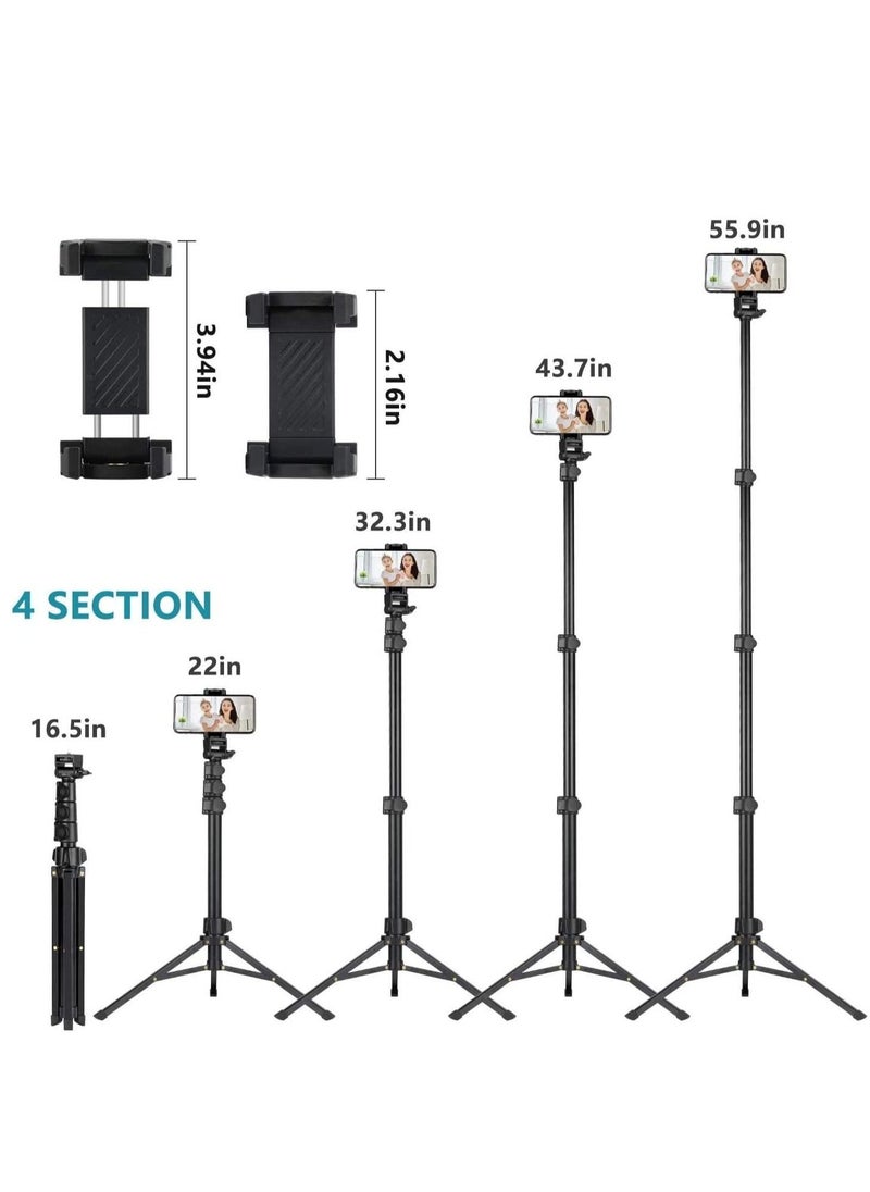 142cm Extendable Tripod Stand with Bluetooth Remote for iPhone Android Phone, Universal Phone Clip, Heavy Duty Aluminum, Compatible with Small Camera (Black)