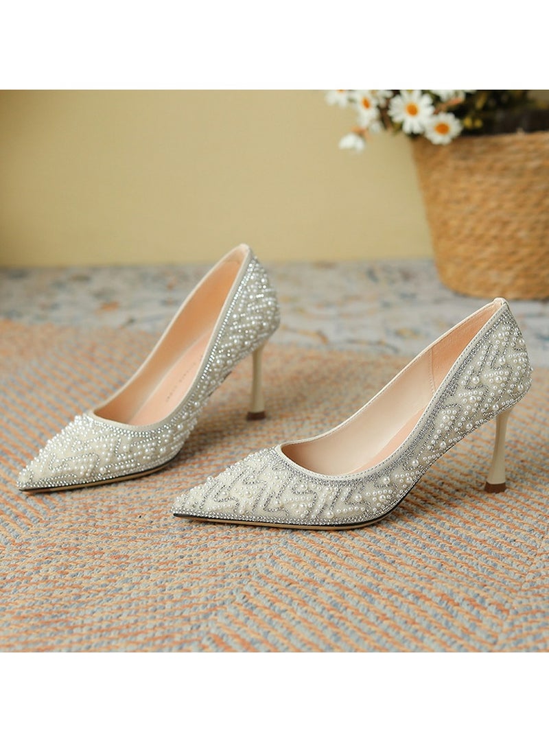 Womens Pointed Toe Pumps High Heel Glitter Rhinestone Pearl Heels Sparkly Stiletto Heels 6.5CM