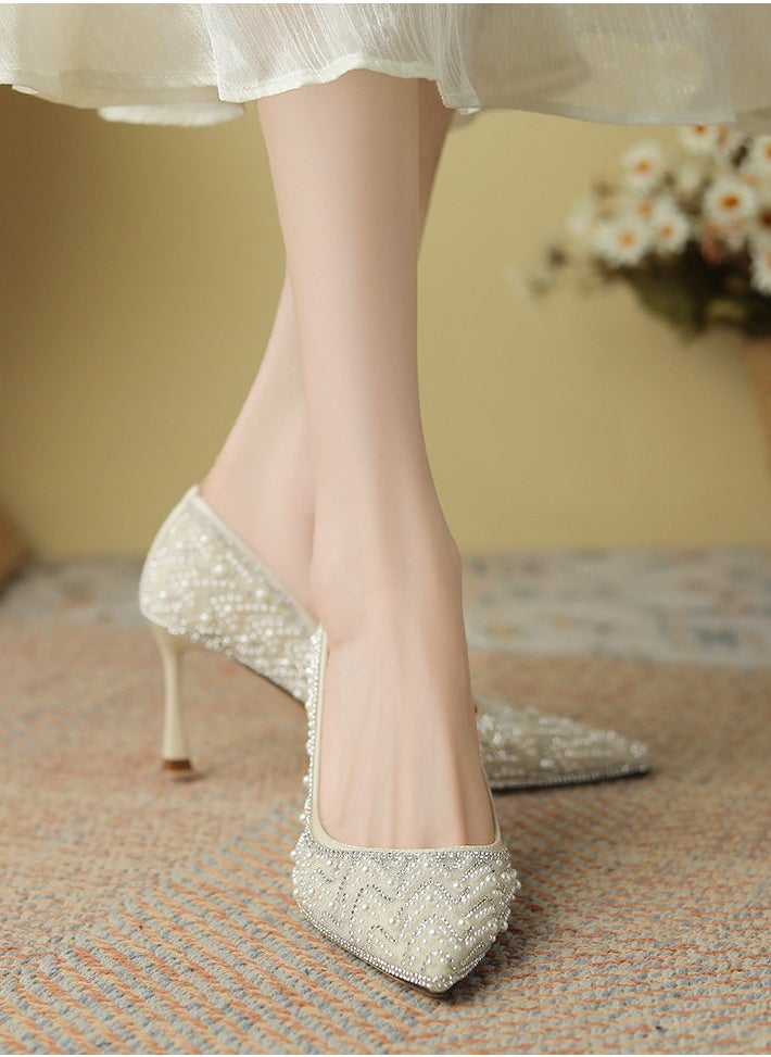 Womens Pointed Toe Pumps High Heel Glitter Rhinestone Pearl Heels Sparkly Stiletto Heels 6.5CM