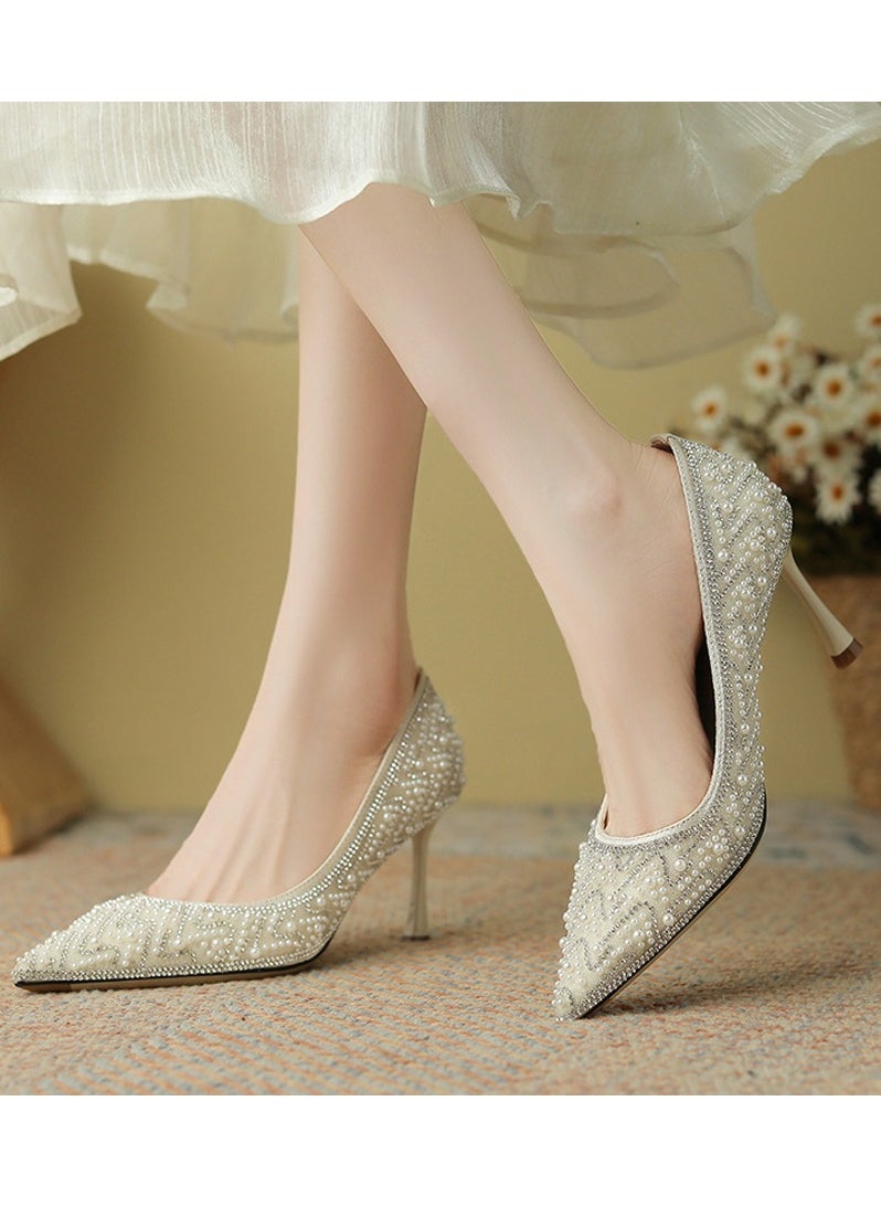 Womens Pointed Toe Pumps High Heel Glitter Rhinestone Pearl Heels Sparkly Stiletto Heels 6.5CM