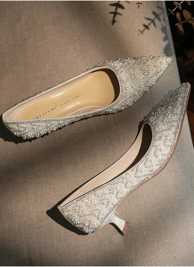 Womens Pointed Toe Pumps High Heel Glitter Rhinestone Pearl Heels Sparkly Stiletto Heels 4.5CM