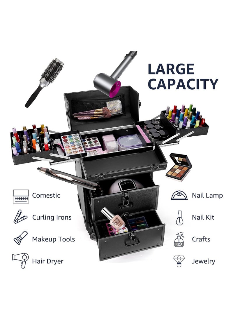 Professional Large Capacity Makeup Trolley Rolling Cosmetic Train Case Organizer With Expandable Trays and Drawers