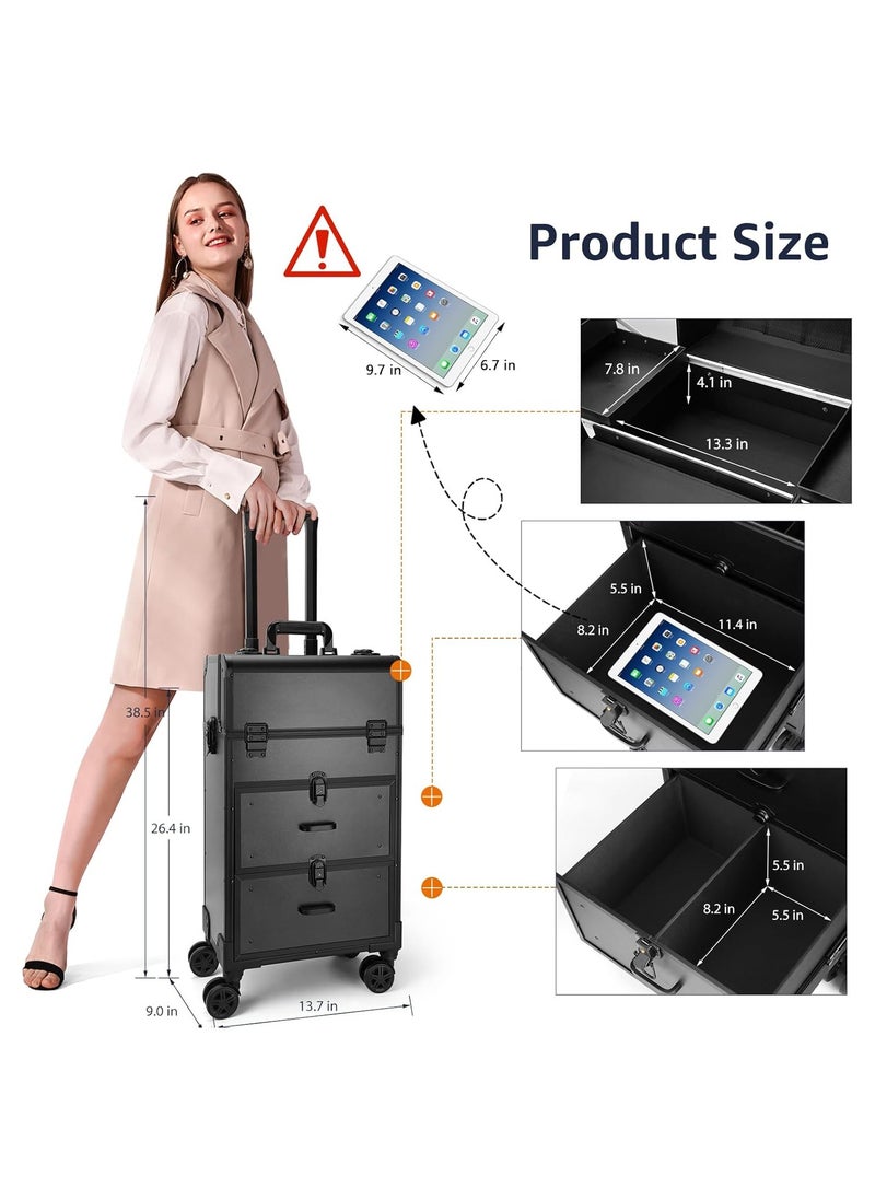 Professional Large Capacity Makeup Trolley Rolling Cosmetic Train Case Organizer With Expandable Trays and Drawers