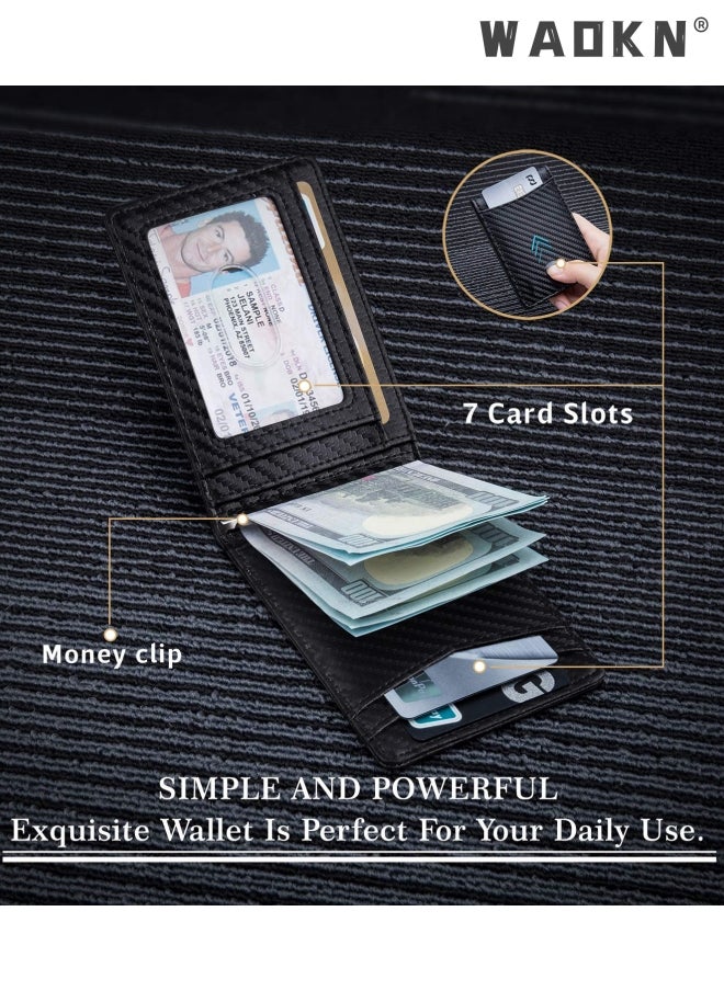 Wallet for Men Slim Larger Capacity with Wallet, Bifold RFID Blocking Front Pocket Wallets Minimalist Credit Card Holder with Money Clip for Men with ID Window Gift Box(Black)