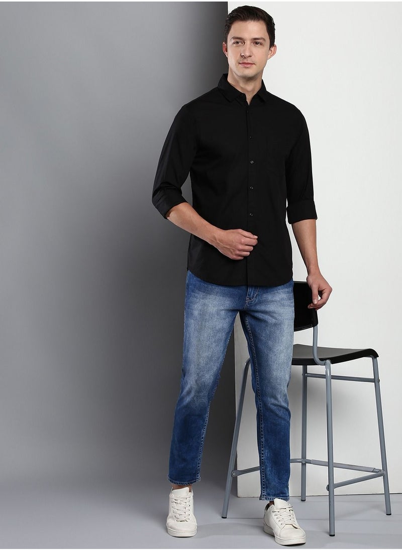 Dennis Lingo Men's Cotton Black Solid Casual Shirt (C301_Black)