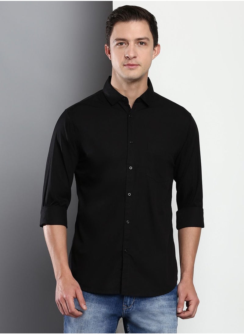 Dennis Lingo Men's Cotton Black Solid Casual Shirt (C301_Black)