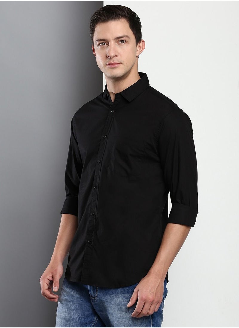 Dennis Lingo Men's Cotton Black Solid Casual Shirt (C301_Black)