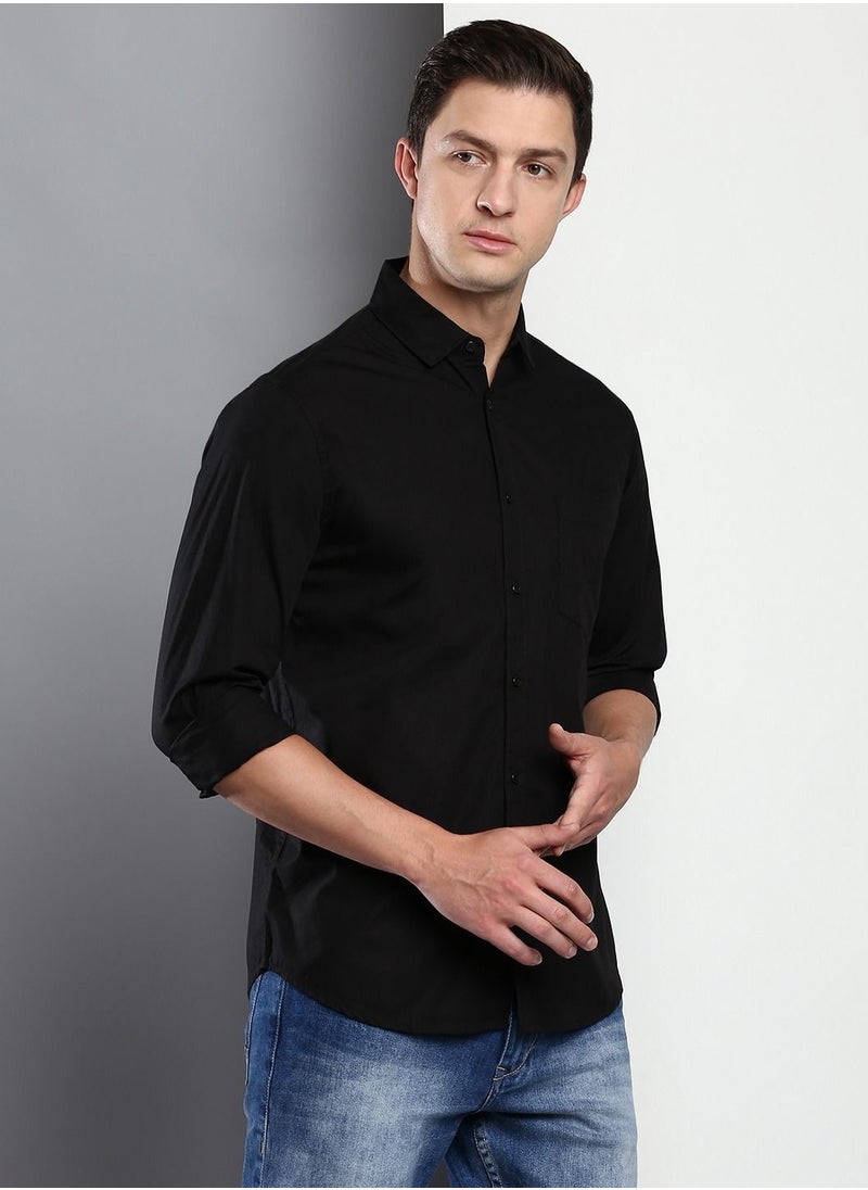 Dennis Lingo Men's Cotton Black Solid Casual Shirt (C301_Black)