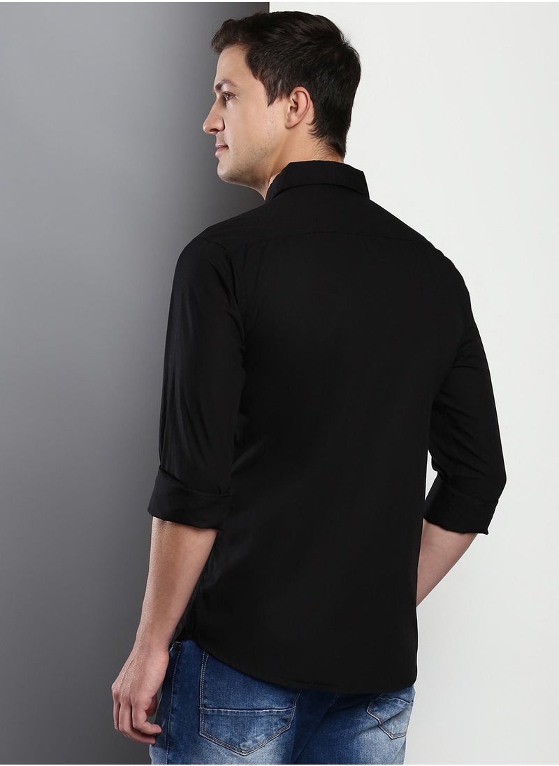 Dennis Lingo Men's Cotton Black Solid Casual Shirt (C301_Black)