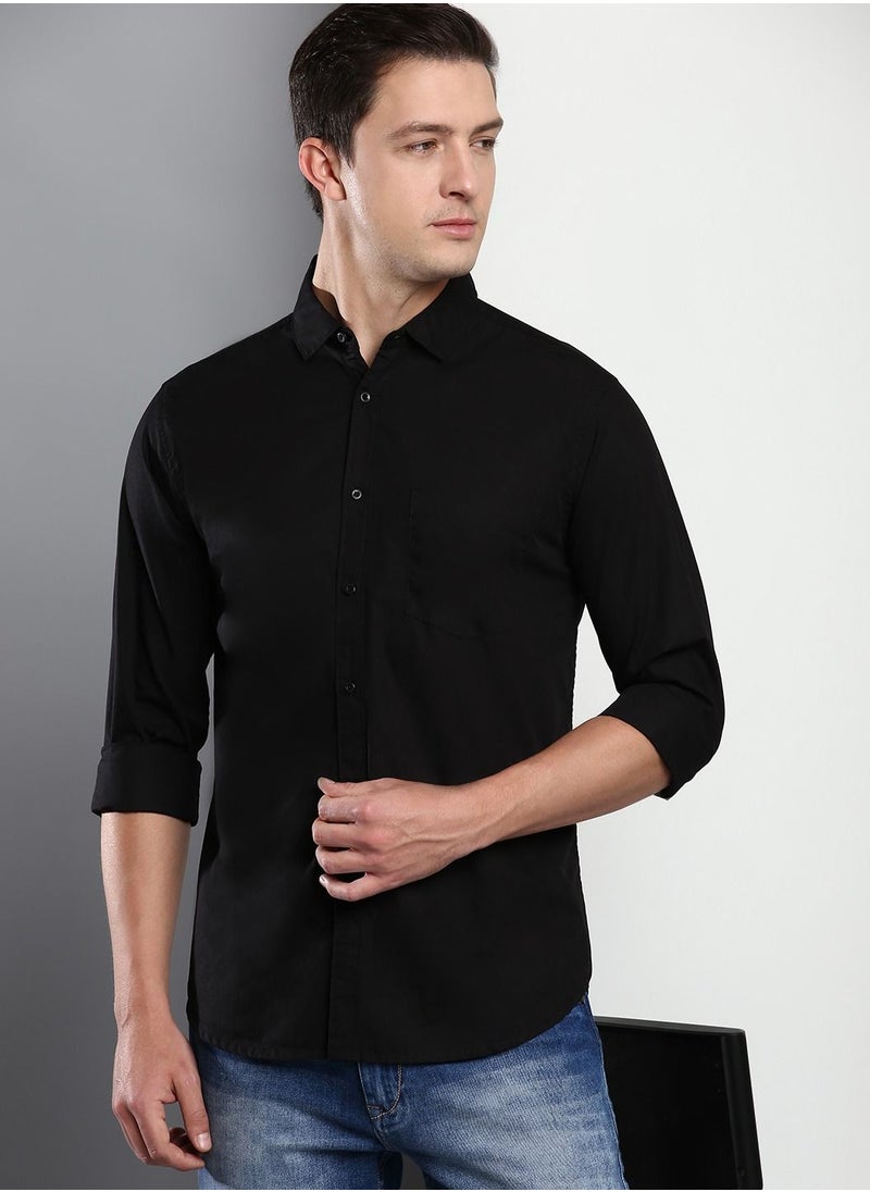 Dennis Lingo Men's Cotton Black Solid Casual Shirt (C301_Black)