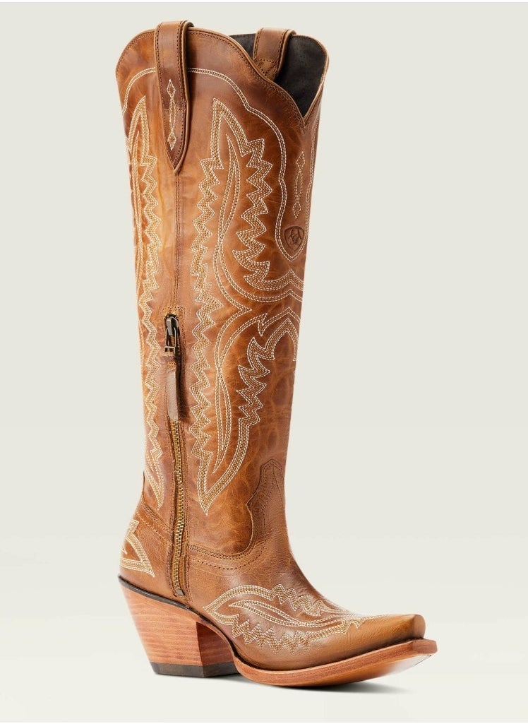 Cowboy Boots For Women Western Embroidered Cowgirl Boots Chunky Heel Wide Tube Boots Pull on Pointy Toe Vintage Boots Yellowish Brown