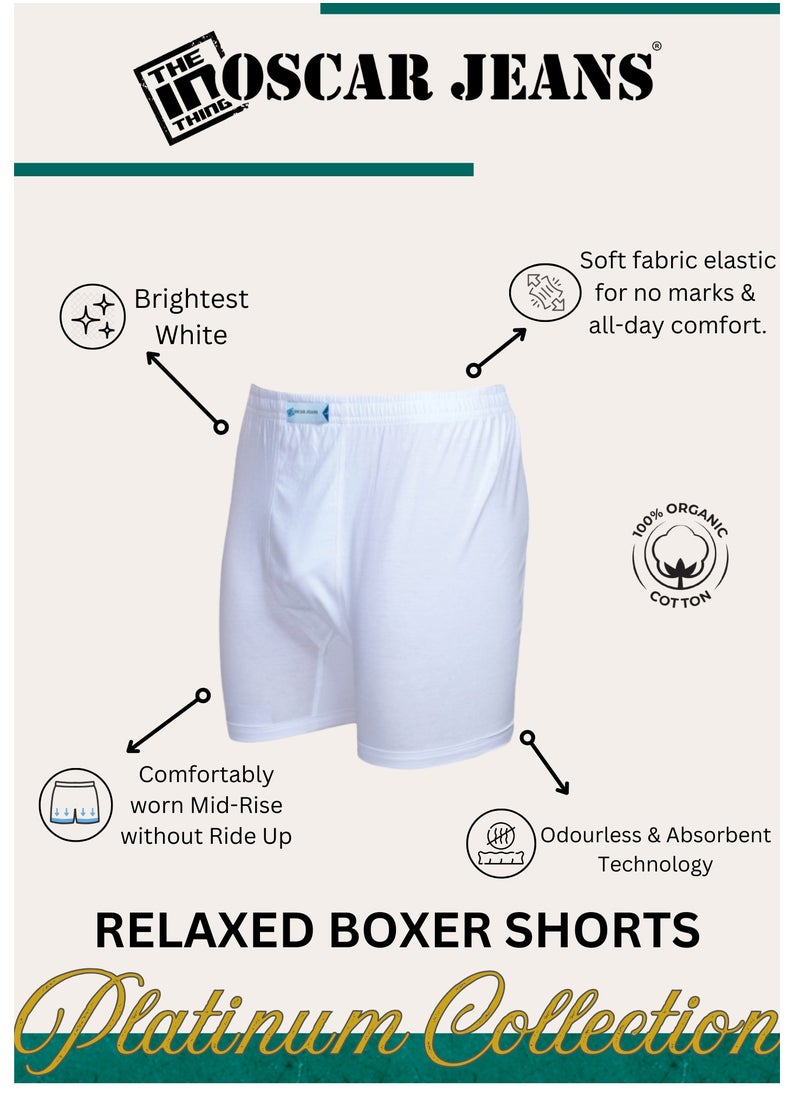 Platinum Collection 100% Cotton Mens Underwear Boxer Comfort Fit Organic Ultrasoft Antibacterial Brightest White 3 Pack