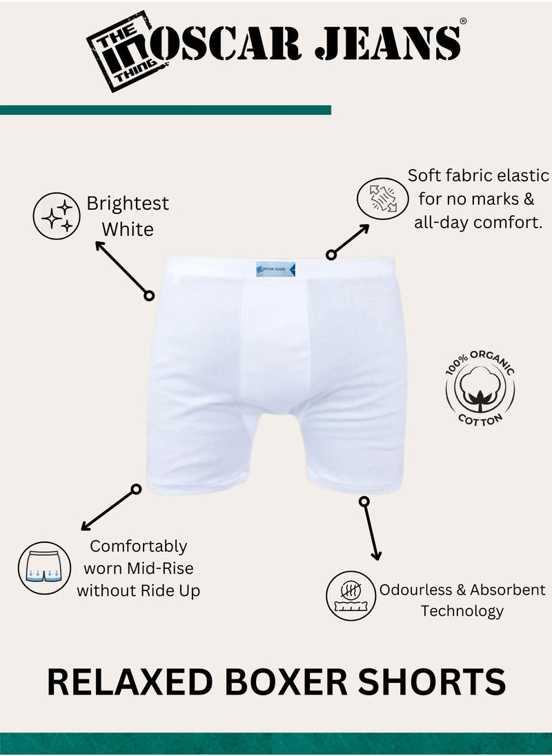 Finest 100% Cotton Premium Organic Long Staple Ultrasoft Men's Underwear Boxer Shorts Relaxed Fit Antibacterial No-Marks Waistband Brightest White 3 Pack