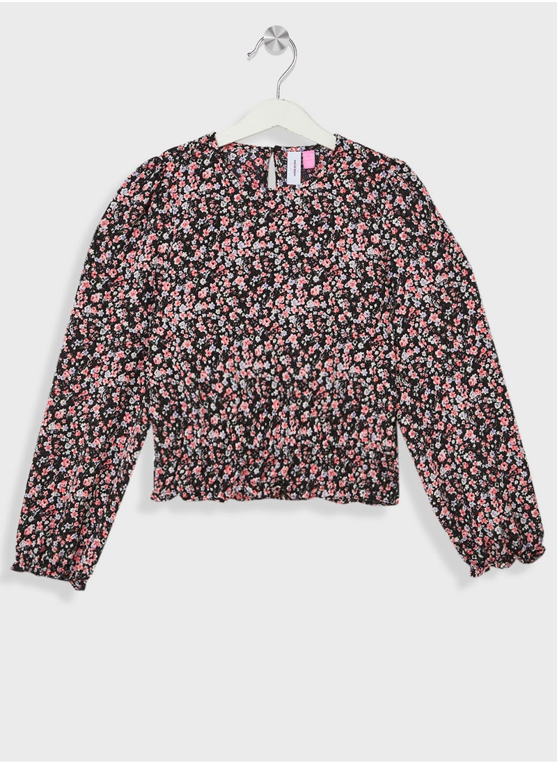 Kids Open Neckline Floral Printed Top