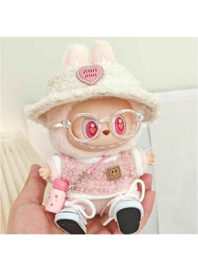 5set Labubu Clothes - Clothes for Labubu Outfit,Chic Style Set for 17cm Labubu Dolls - Clothes + Light Pink Heart-Shaped Velvet hat + Small Camera + Glasses + Canvas Shoes (Style A)