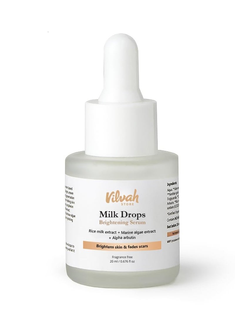 Vilvah Store Milk Drops Brightening Serum | Formulated With Rice Milk Extract, Marine Algae Extract, Alpha Arbutin | Fades Scars, Brightens Skin And Even Skin Tone | Suitable For All Skin Types | 20 ML