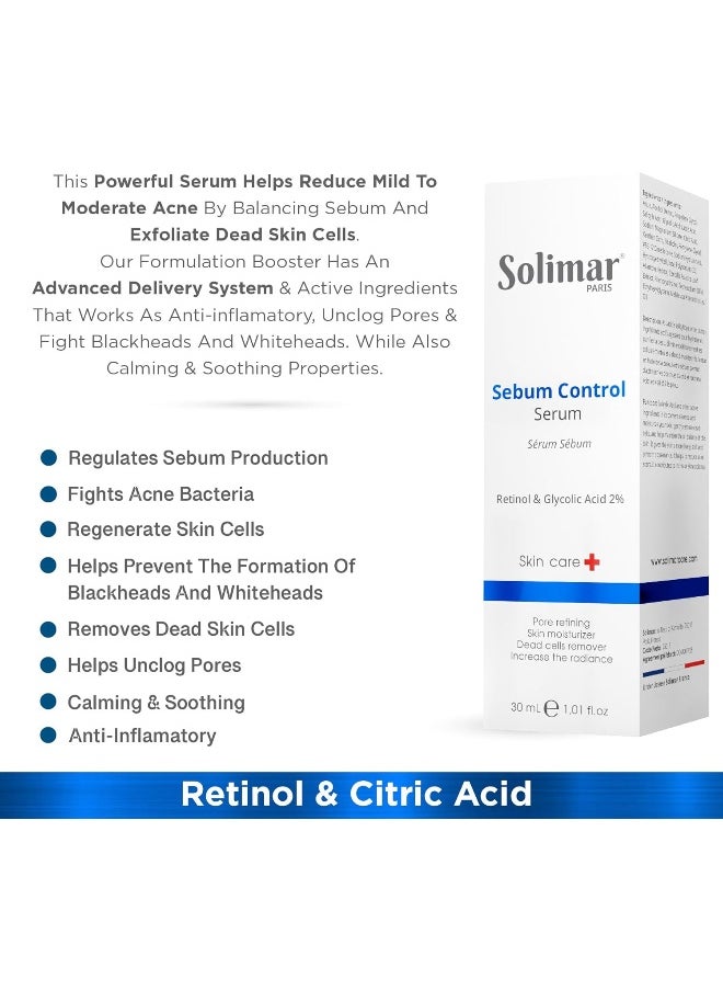 SOLIMAR PARIS Sebum Control Serum 30ml, Solution to manage mild to moderate acne and balance Sebum production