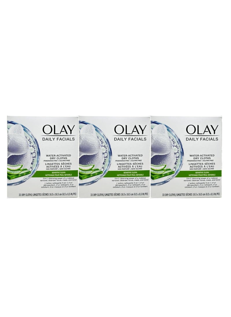 OLAY Daily Gentle Clean 5-in-1 Water Activated Cloths, 33 Count (Pack of 3)