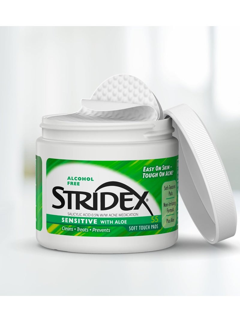 Stridex Medicated Acne Pads, Sensitive, 55 Count – Facial Cleansing Wipes, Alcohol Free Face Treatment, For Mild to Moderate, Smooth Application