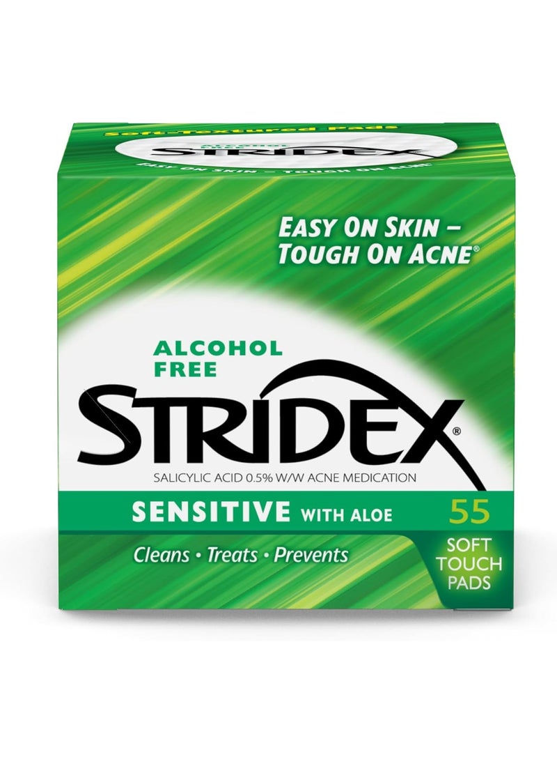 Stridex Medicated Acne Pads, Sensitive, 55 Count – Facial Cleansing Wipes, Alcohol Free Face Treatment, For Mild to Moderate, Smooth Application