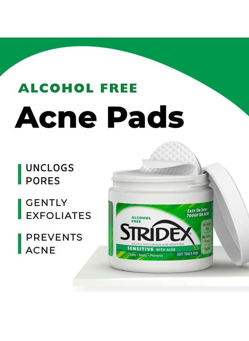 Stridex Medicated Acne Pads, Sensitive, 55 Count – Facial Cleansing Wipes, Alcohol Free Face Treatment, For Mild to Moderate, Smooth Application