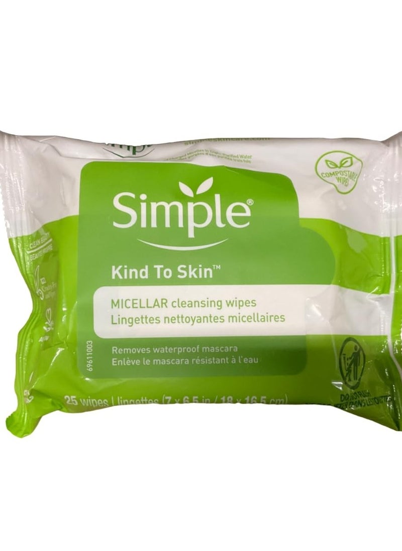 Simple Kind to Skin Cleansing Wipes Micellar 4 Count Gentle and Effective Makeup Remover Free From Color and Dye, Artificial Perfume and Harsh Chemicals 25 Wipes