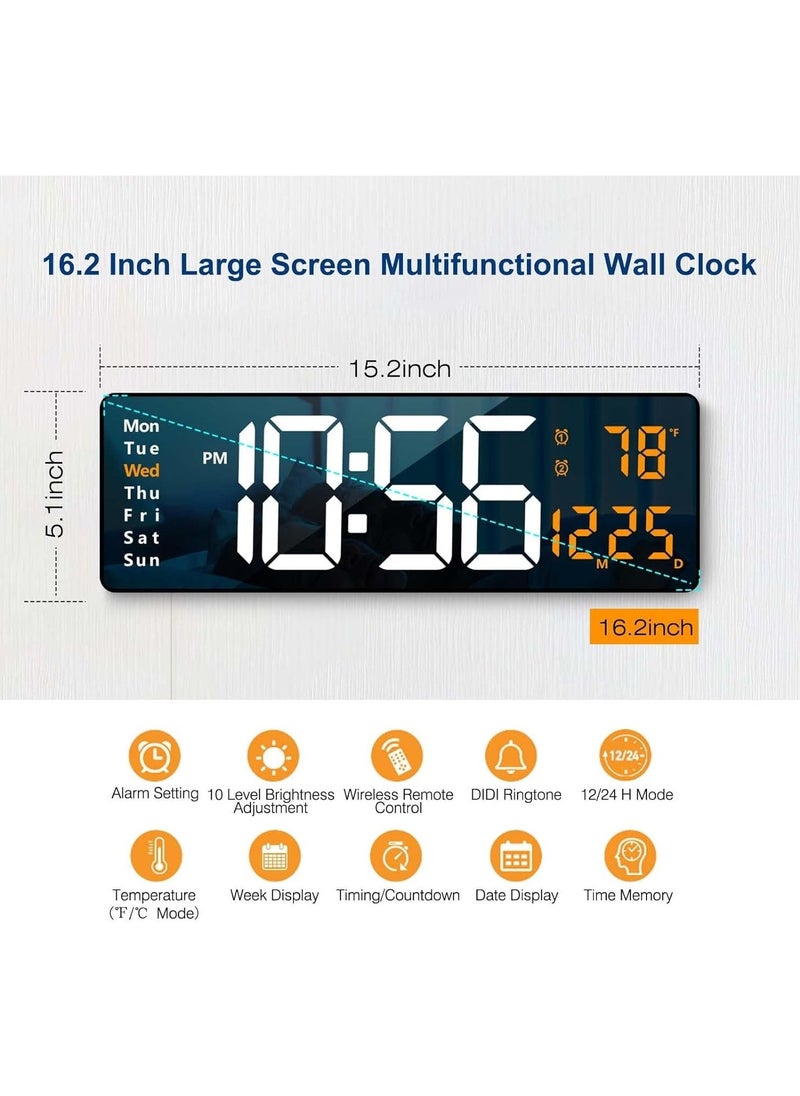 Digital Wall Clock Large Display, 16.2 Inch LED Digital Clock | Modern Wall Clock with Remote Control | Automatic Brightness Dimmer | Displays Date, Week & Temperature | Ideal for Living Room Decor