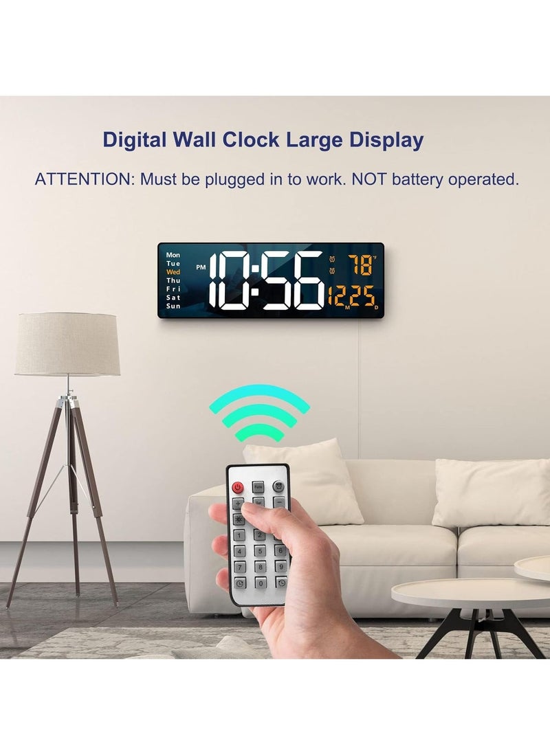 Digital Wall Clock Large Display, 16.2 Inch | LED Digital Clock with Remote Control | Automatic Brightness Dimmer | Date, Week & Temperature Display | Modern Living Room Decor | Orange