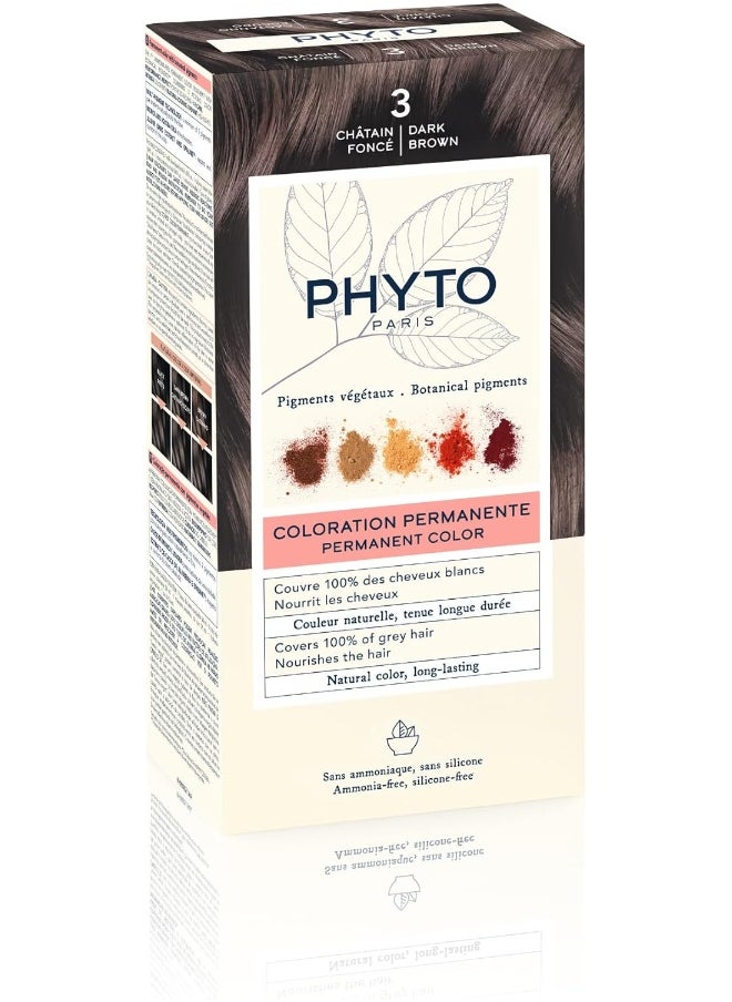 Phyto Phytocolor Permanent Natural Hair Color 3 Dark Brown with Botanical Pigments, 100% Grey Hair Coverage, Ammonia-free, PPD-free, Silicone-free