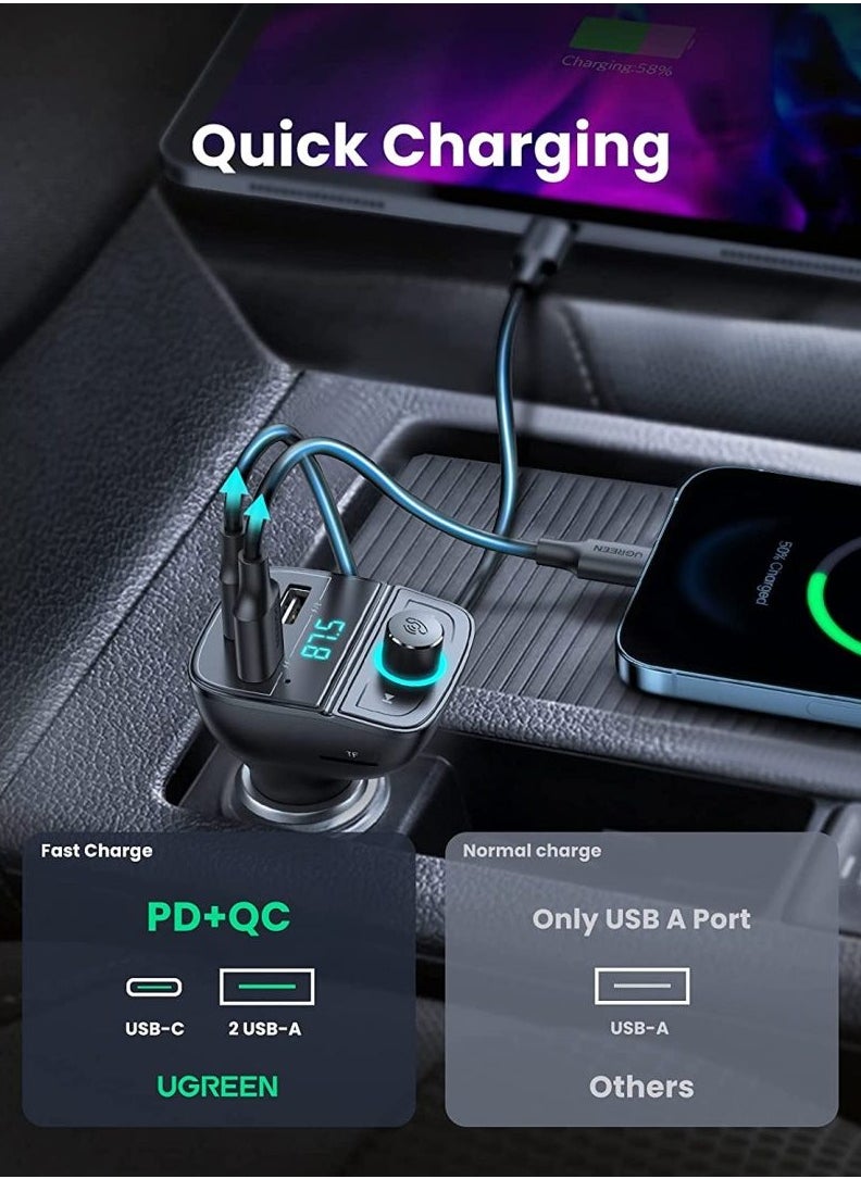 UGREEN Car Bluetooth Adapter - Bluetooth FM Transmitter for Car PD/QC 3.0 Car Charger