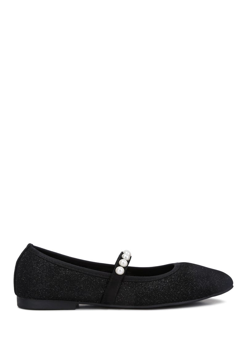 Pearl Embellished Ballerina Flats in Black