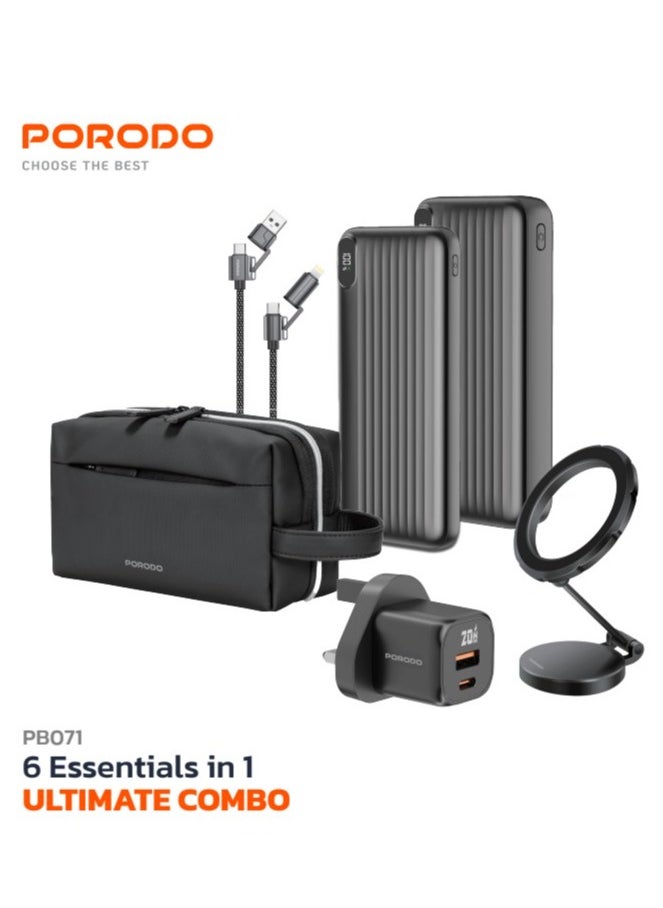 6 Essentials in 1 Ultimate Combo / 10000mAh & 20000mAh Power Bank / Dual Port GaN Charger / MagSafe Magnetic Mount / 1.2m 4in1 Charging Cable / Travel Pouch - Black