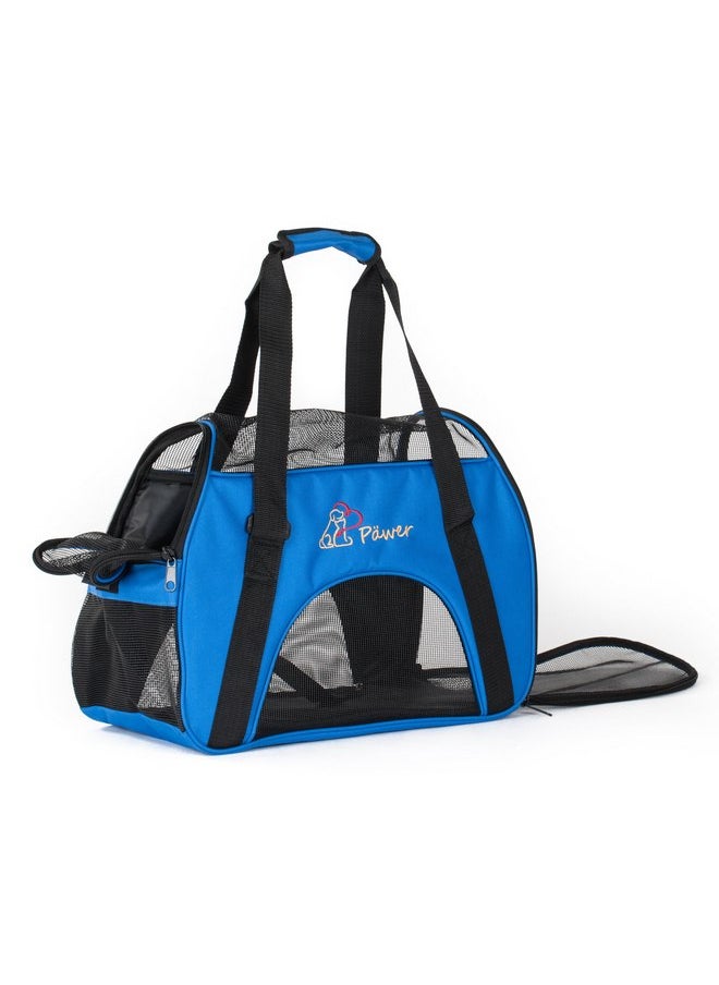 Pawer Soft-Sided Pet Carrier for Cat and Small Dog,Blue Color,Medium Size,Washable 600D Oxford Cloth Airline Approved Travel Tote,with 2 Mesh Opens and a Strap for Carry,Multiple Colors Available