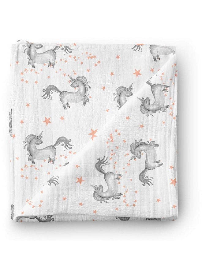 Aenne Baby Muslin Swaddle Blanket for Boys & Girls, Infant Toddler Quilt, Luxurious Wrap, Soft and Silky Stroller & Nursing Cover, Dancing Unicorns and Stars Blankie, Large 47