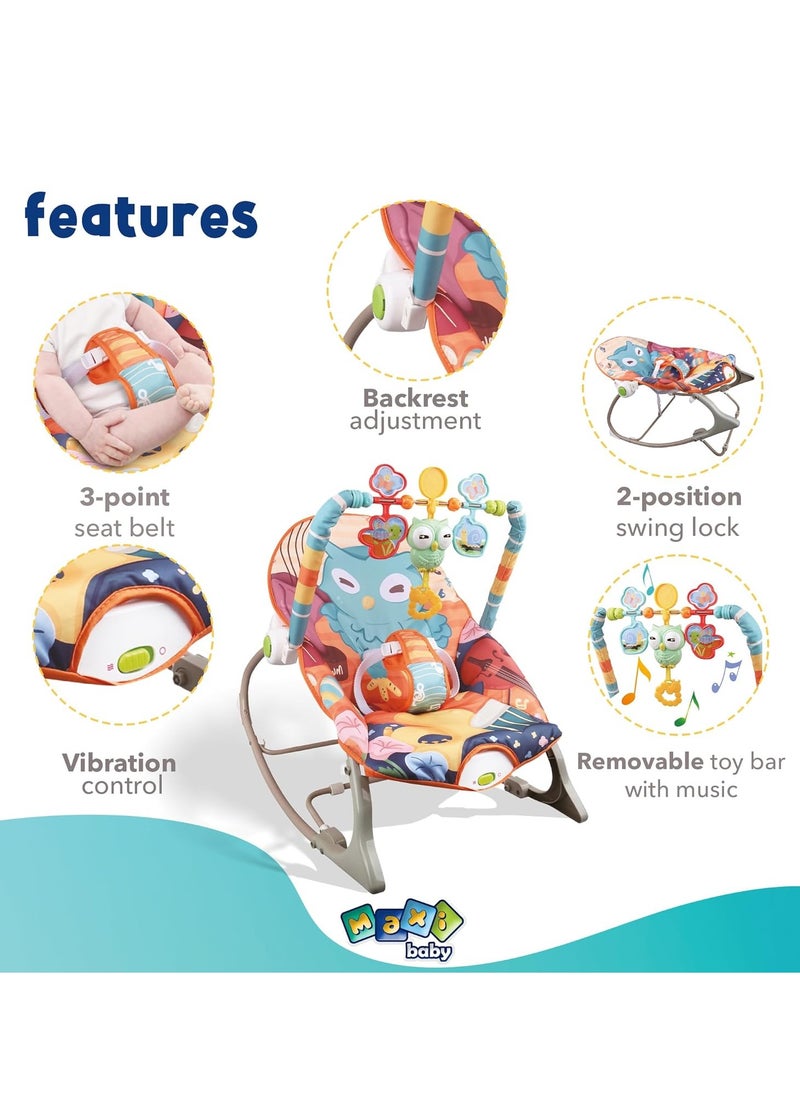 Baby Bouncer Seat, Baby Rocker, Swings and Vibrations seat for Infants, Portable Baby Swing with Music Box and Toys, Adjustable Multi Position, Newborn to Toddler, Owl Aurora