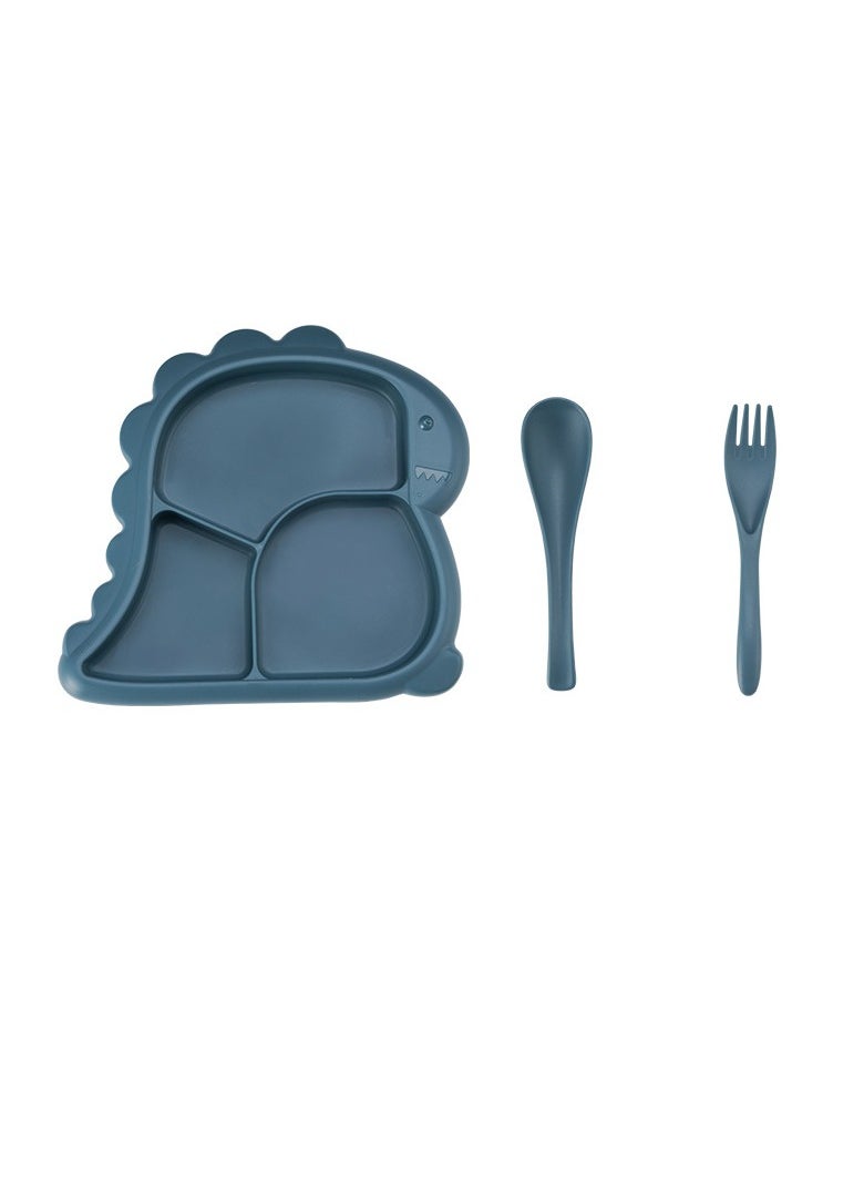 Baby Dinner Plate, Three Grid Partition Toddler Plate, Portable Non Slip Suction Plates, Durable Dinosaur Feeding Plate For Babies Toddlers, (Blue, With Fork And Spoon)