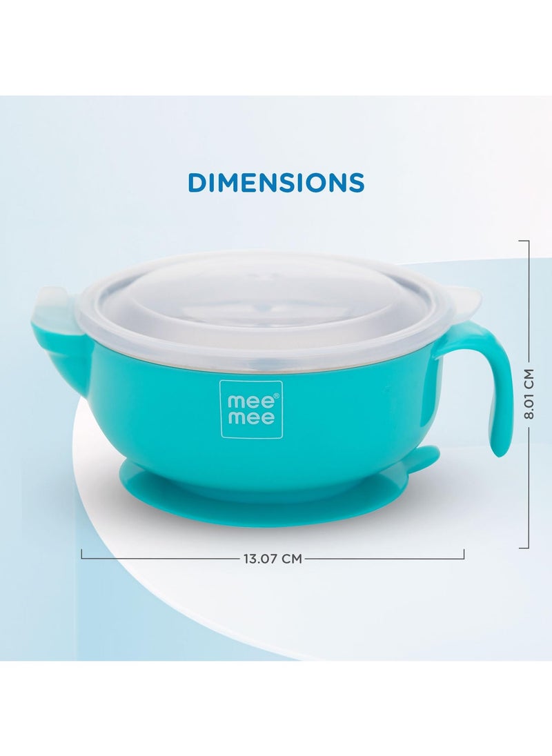 Baby Steel Feeding Bowl with Suction Base BPA Free Food Remains Warm Multi Functional Snack Fruit Easy Grip Handle Blue